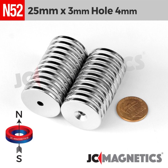 25mm x 3mm x Hole 4mm N52 Countersunk Ring Rare Earth Neodymium Magnet 25x3mm H4mm