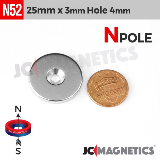 25mm x 3mm x Hole 4mm N52 Countersunk Ring Rare Earth Neodymium Magnet 25x3mm H4mm