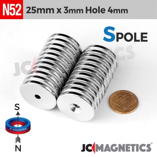25mm x 3mm x Hole 4mm N52 Countersunk Ring Rare Earth Neodymium Magnet 25x3mm H4mm