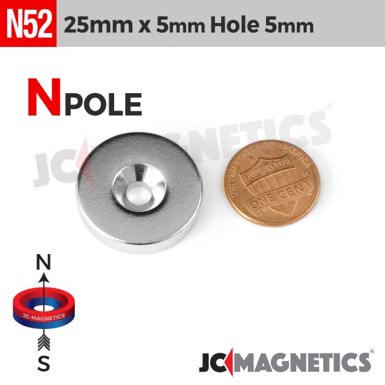 25mm x 5mm x Hole 5mm N52 Countersunk Ring Rare Earth Neodymium Magnet 25x5mm H5mm