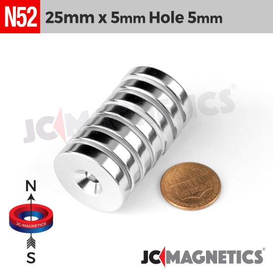 25mm x 5mm x Hole 5mm N52 Countersunk Ring Rare Earth Neodymium Magnet 25x5mm H5mm