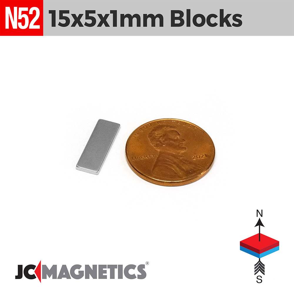 15mm x 5mm x 1mm N52 Þunnt kubbur Neodymium segull 15x5x1mm - smámynd 2