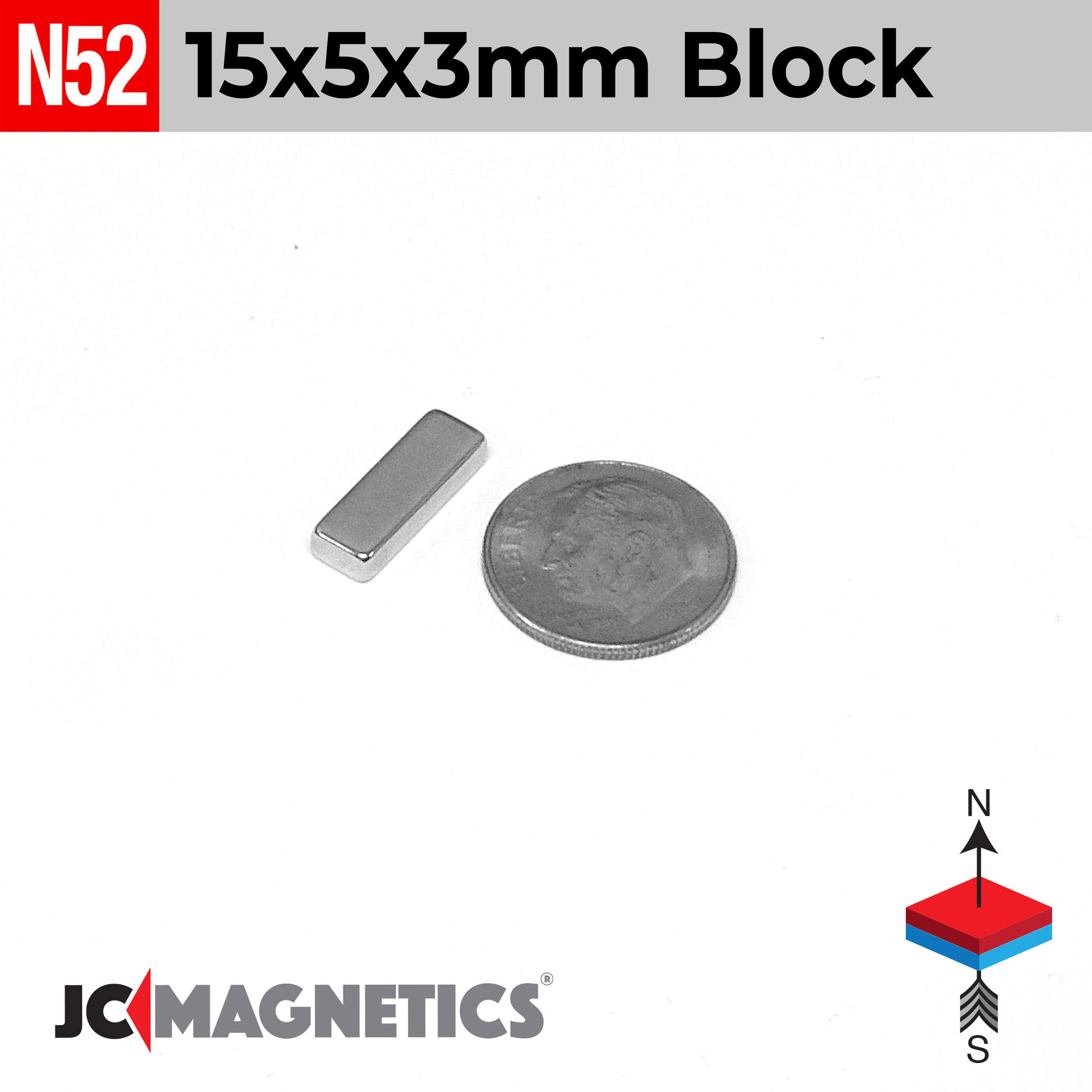 15mm x 5mm x 3mm N52 Þunnt kubbur Neodymium segull 15x5x3mm - smámynd 2
