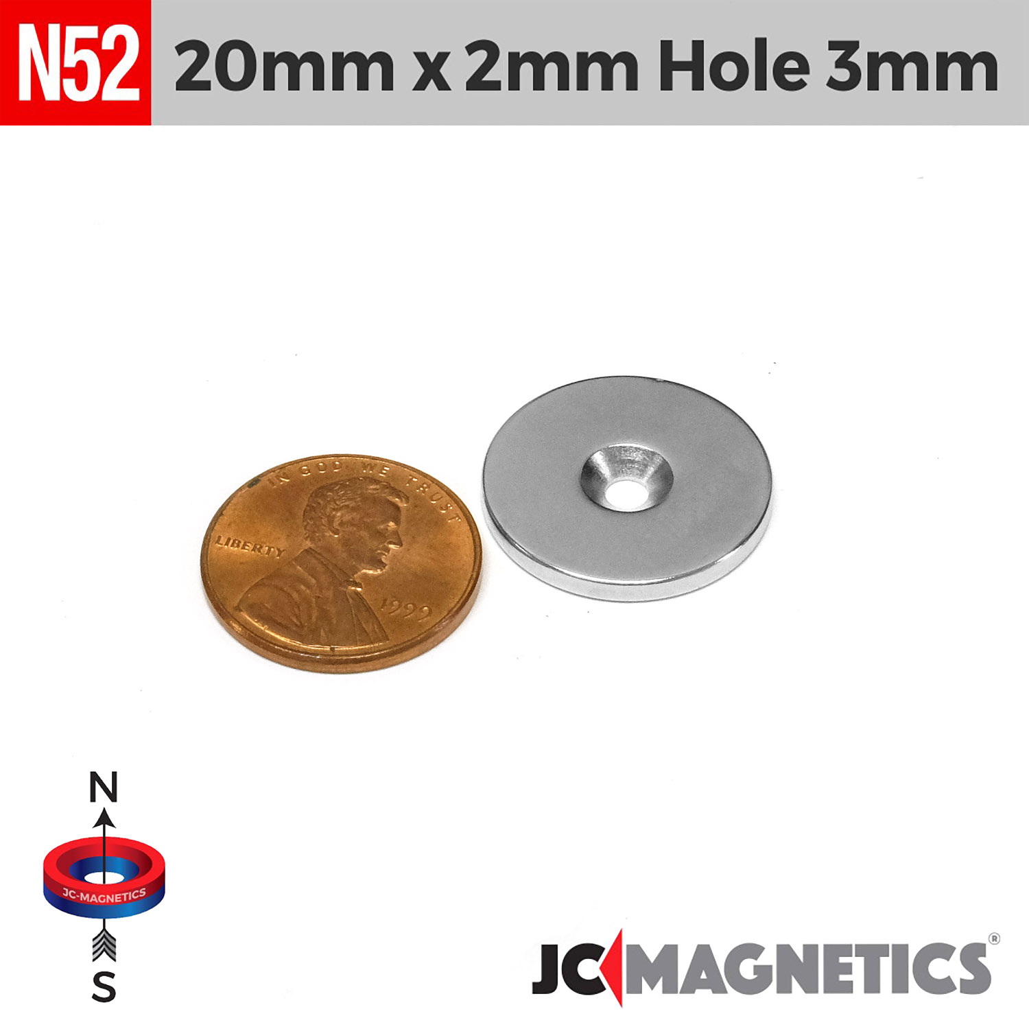 20mm x 2mm x gat 3mm N52 Sökkt gat hringur Neodymium segull 20x2mm H3mm - smámynd 2