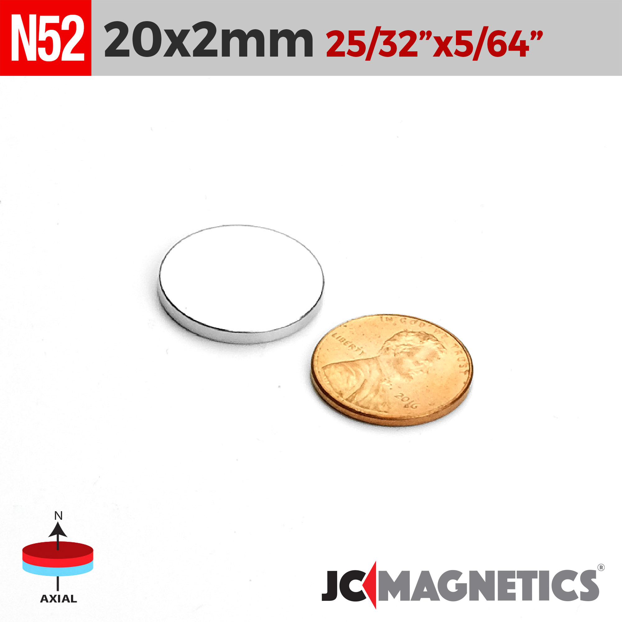 20mm x 2mm 25/32in x 5/64in N52 diskur Neodymium segull 20x2mm - smámynd 2