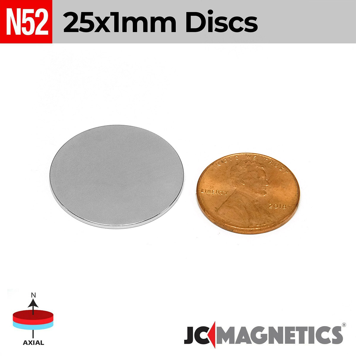 25mm x 1mm 63/64in x 1/32in N52 diskur Neodymium segull 25x1mm - smámynd 2