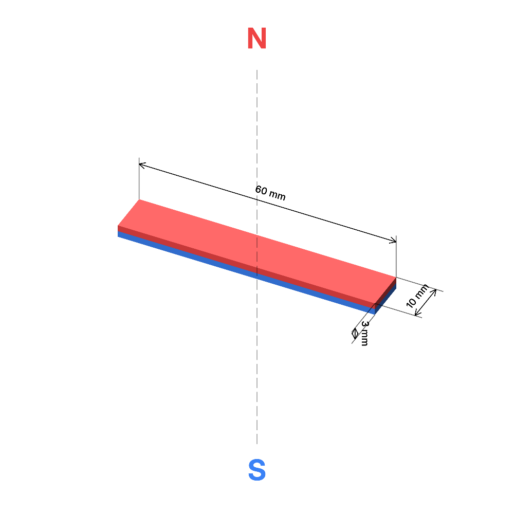 60mm x 10mm x 3mm N52 kubbur Neodymium segull 60x10x3mm - smámynd 3