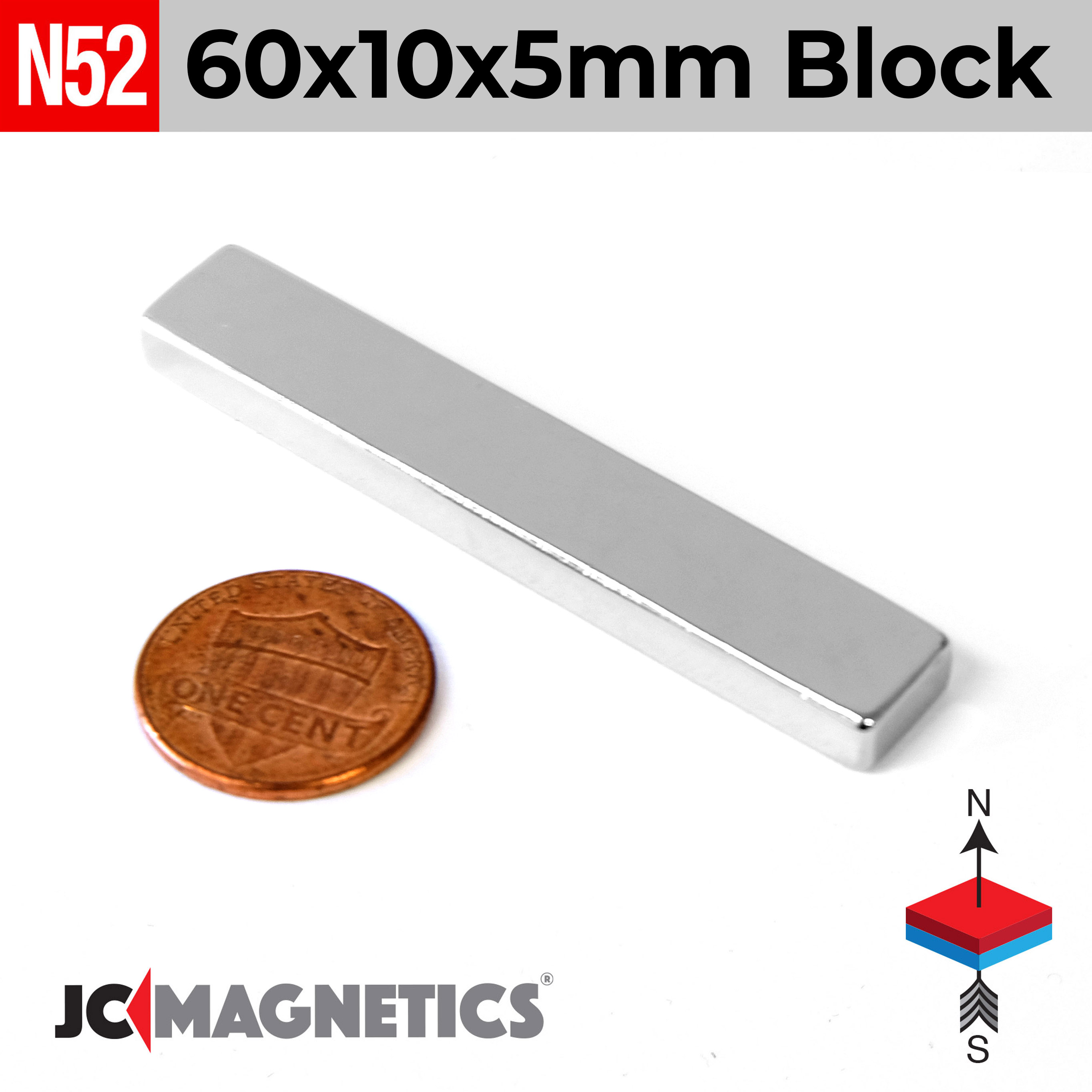 60mm x 10mm x 5mm N52 kubbur Neodymium segull 60x10x5mm - smámynd 2