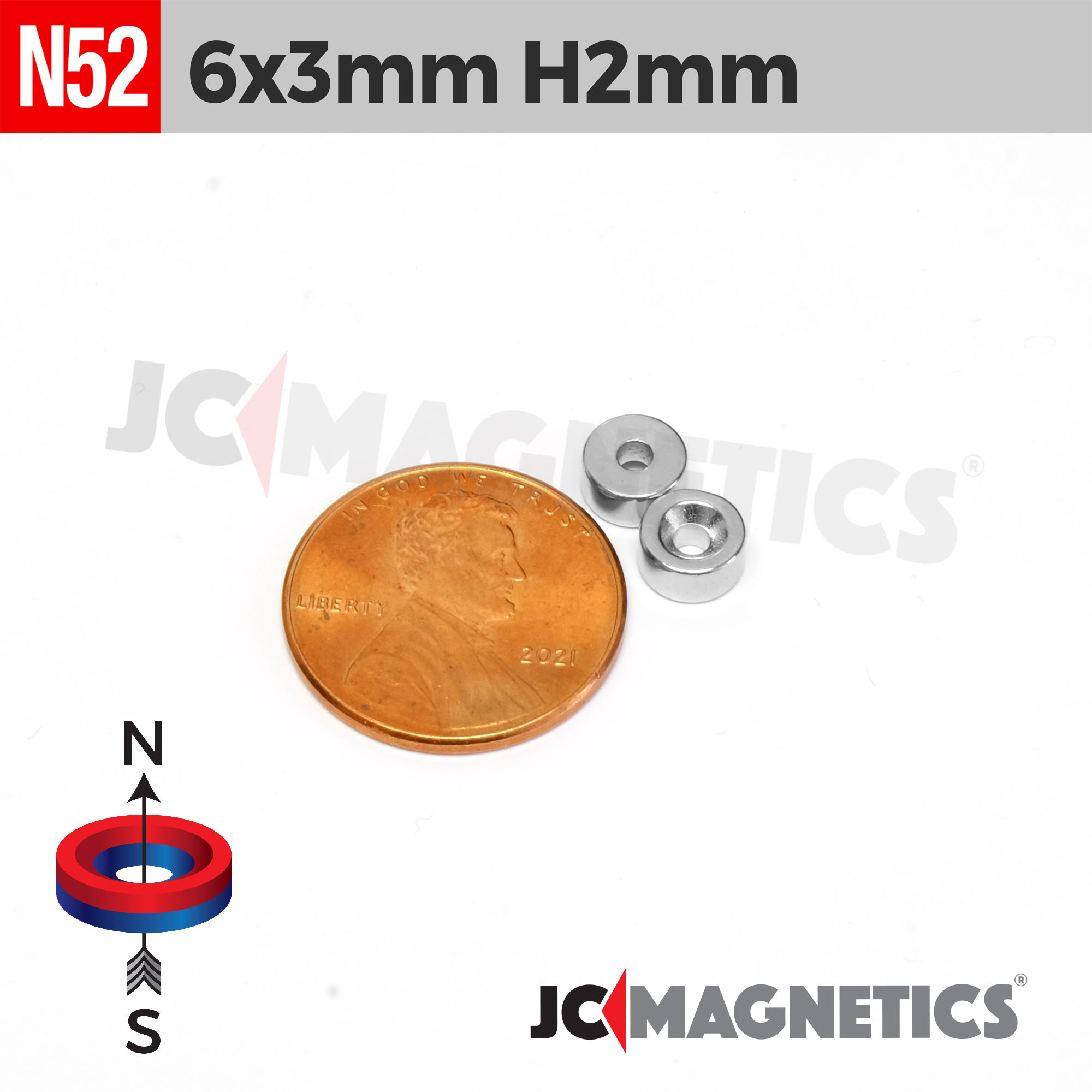 6mm x 3mm gat 2mm N52 Sökkt gat hringur Neodymium segull 6x3mm H2mm - smámynd 2