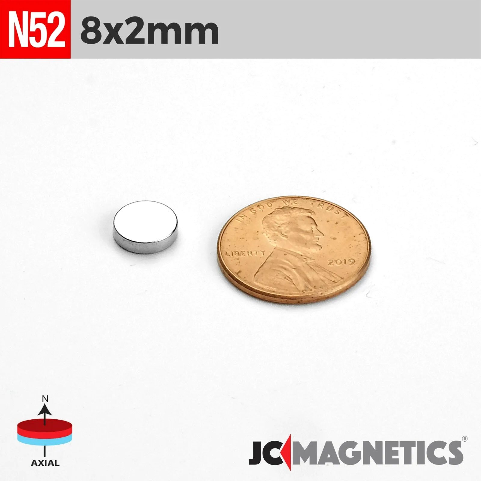 8mm x 2mm 5/16in x 5/64in N52 diskur Neodymium segull 8x2mm - smámynd 2