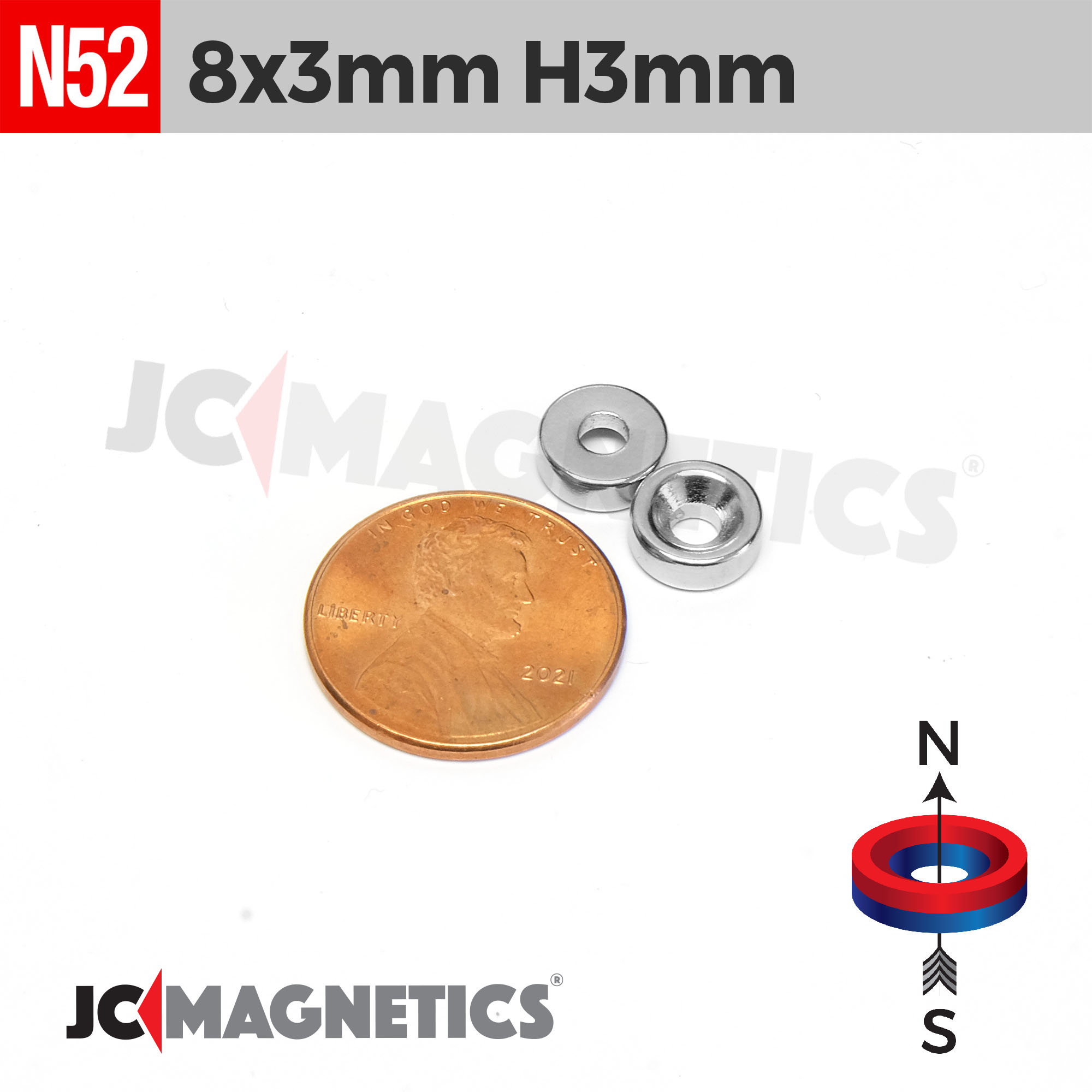 8mm x 3mm gat 3mm N52 Sökkt gat hringur Neodymium segull 8x3mm H3mm - smámynd 2