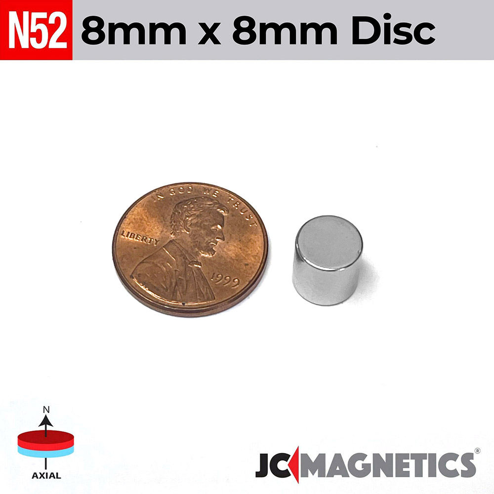 8mm x 8mm 5/16in x 5/16in N52 sívalningar diskur Neodymium segull 8x8mm - smámynd 2