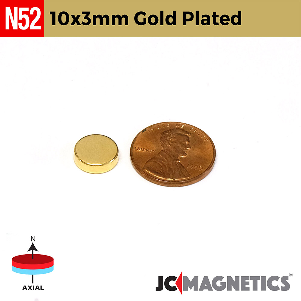10mm x 3mm 25/64in x 1/8in N52 Gullhúðaður diskur Neodymium segull 10x3mm - smámynd 2
