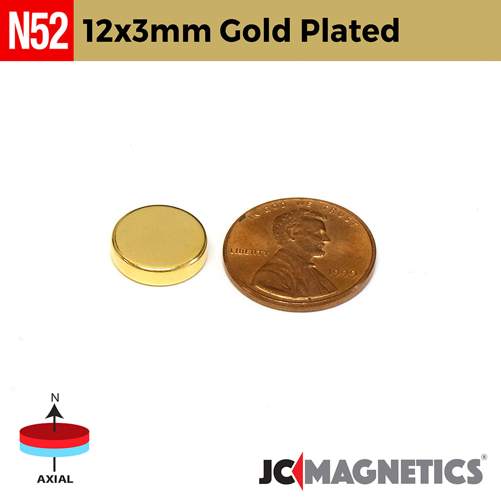 12mm x 3mm 15/32in x 1/8in N52 Gullhúðaður diskur Neodymium segull 12x3mm - smámynd 2