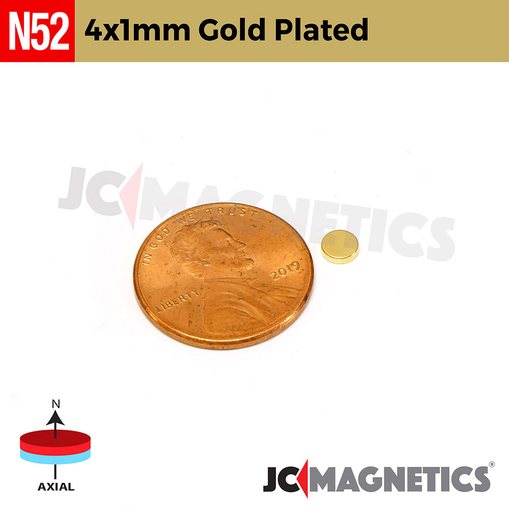 100pcs 4mm x 1mm 5/32" x 1/32" N52 Gullhúðaður Þunnt diskur Neodymium segulls 4x1mm - smámynd 2