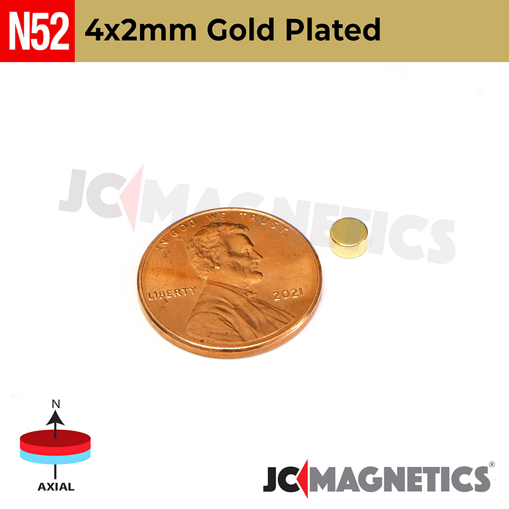 4mm x 2mm 5/32"x5/64" N52 Gullhúðaður Neodymium segull diskur 4x2mm - smámynd 2