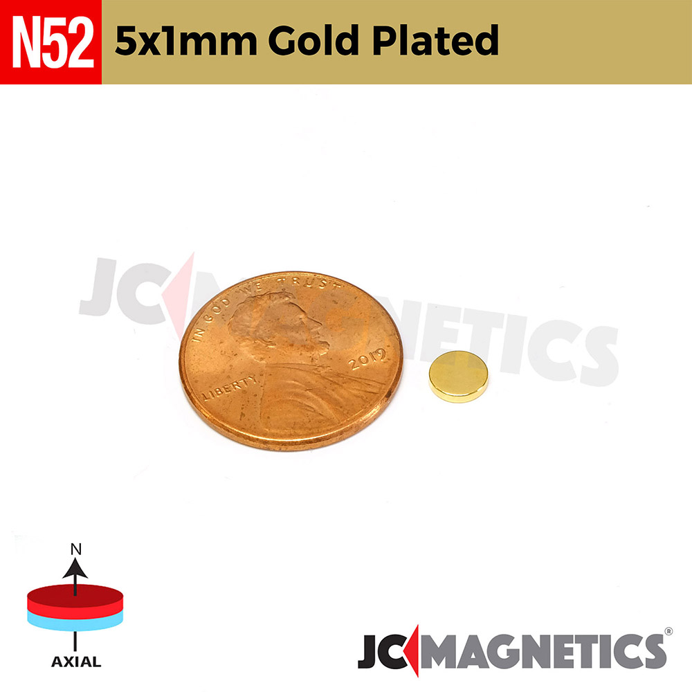 100pcs 5mm x 1mm 13/64in x 1/32in N52 Gullhúðaður Þunnt diskur Neodymium segull 5x1mm - smámynd 2