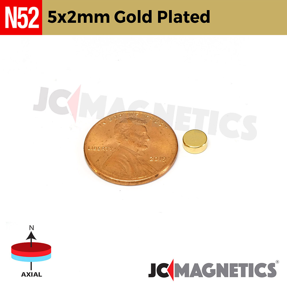 5mm x 2mm 13/64in x 5/64in N52 Gullhúðaður diskur Neodymium segull 5x2mm - smámynd 2