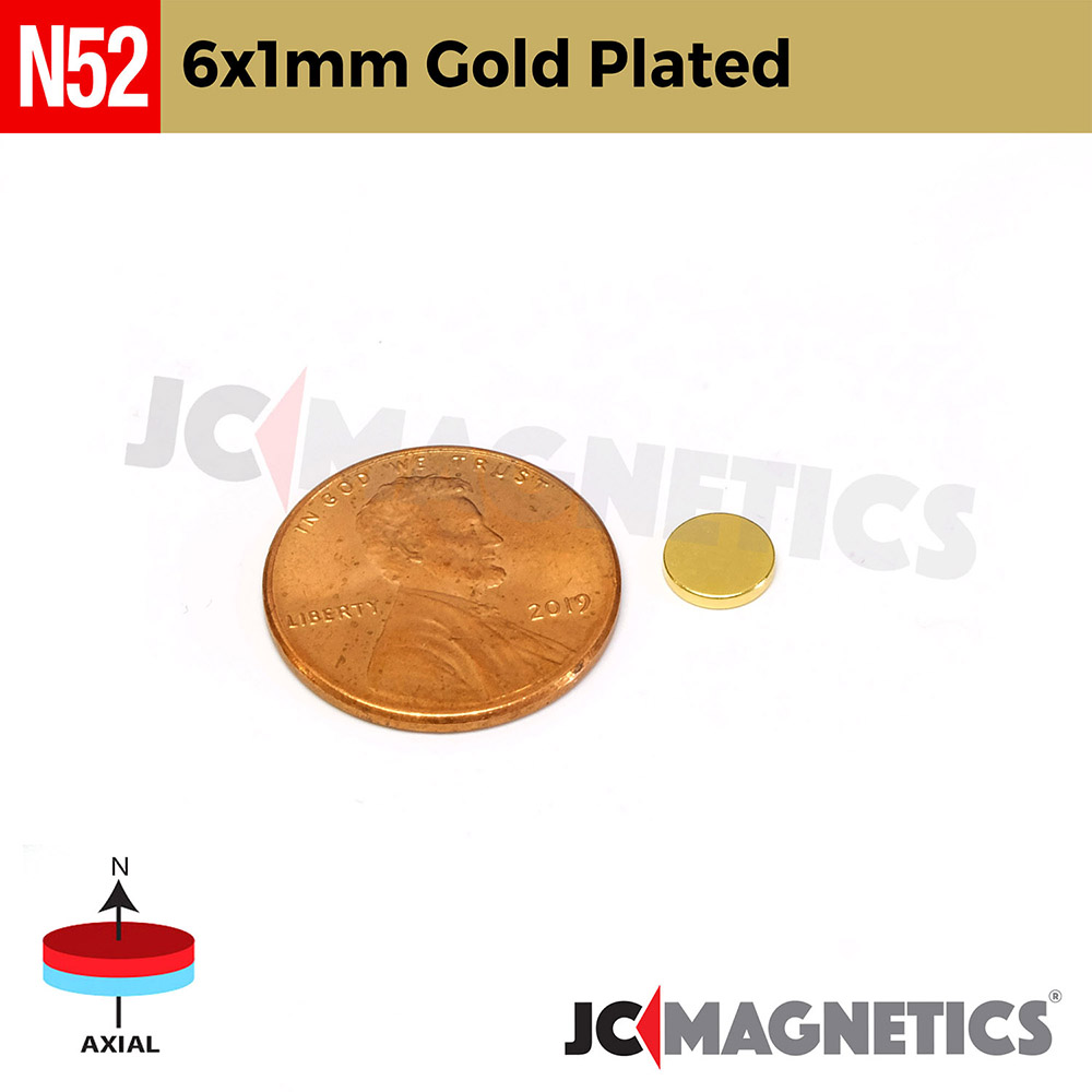 6mm x 1mm 15/64in x 1/32in N52 Gullhúðaður Þunnt diskur Neodymium segull 6x1mm - smámynd 2