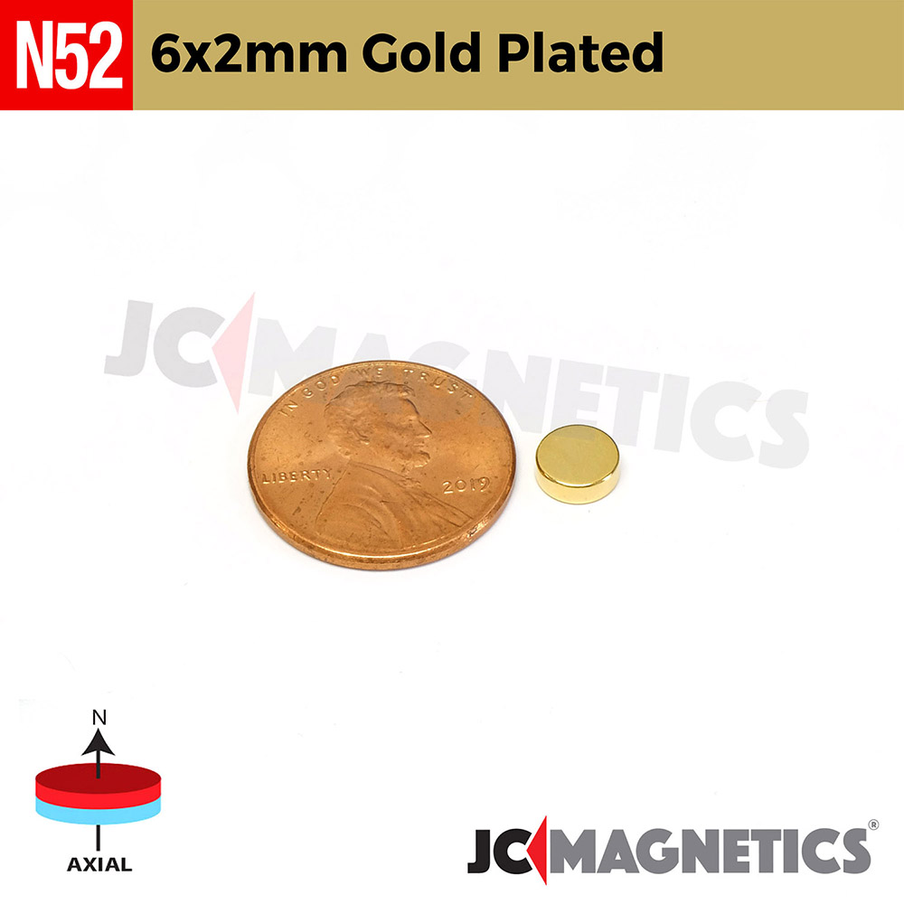 6mm x 2mm 15/64in x 5/64in N52 Gullhúðaður diskur Neodymium segull 6x2mm - smámynd 2