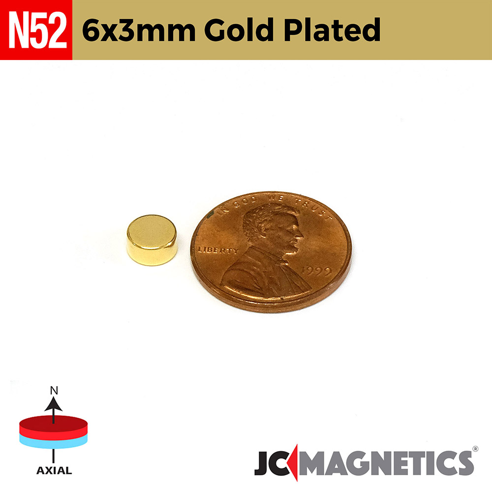 6mm x 3mm 15/64in x 1/8in N52 Gullhúðaður diskur Neodymium segull 6x3mm - smámynd 2