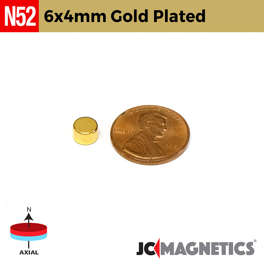 6mm x 4mm 15/64in x 5/32in N52 Gullhúðaður diskur Neodymium segull 6x4mm - smámynd 2