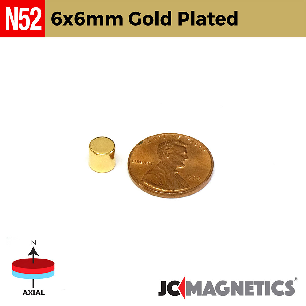6mm x 6mm 15/64in x 15/64in N52 Gullhúðaður diskur sívalningur Neodymium segull 6x6mm - smámynd 2