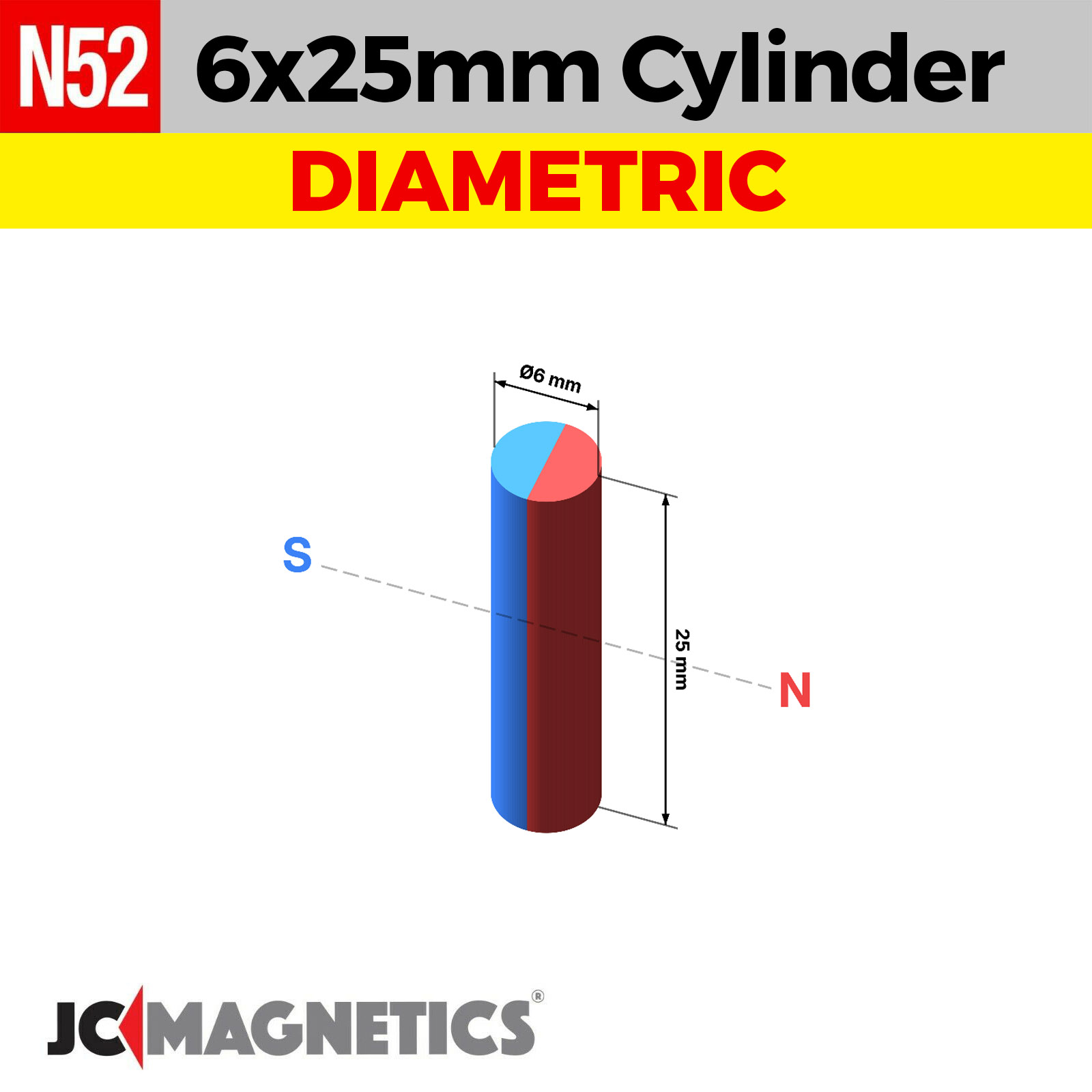 6mm x 25mm N52 Þverásegull sívalningur - 15/64" x 63/64" Neodymium segull 6x25mm - smámynd 2