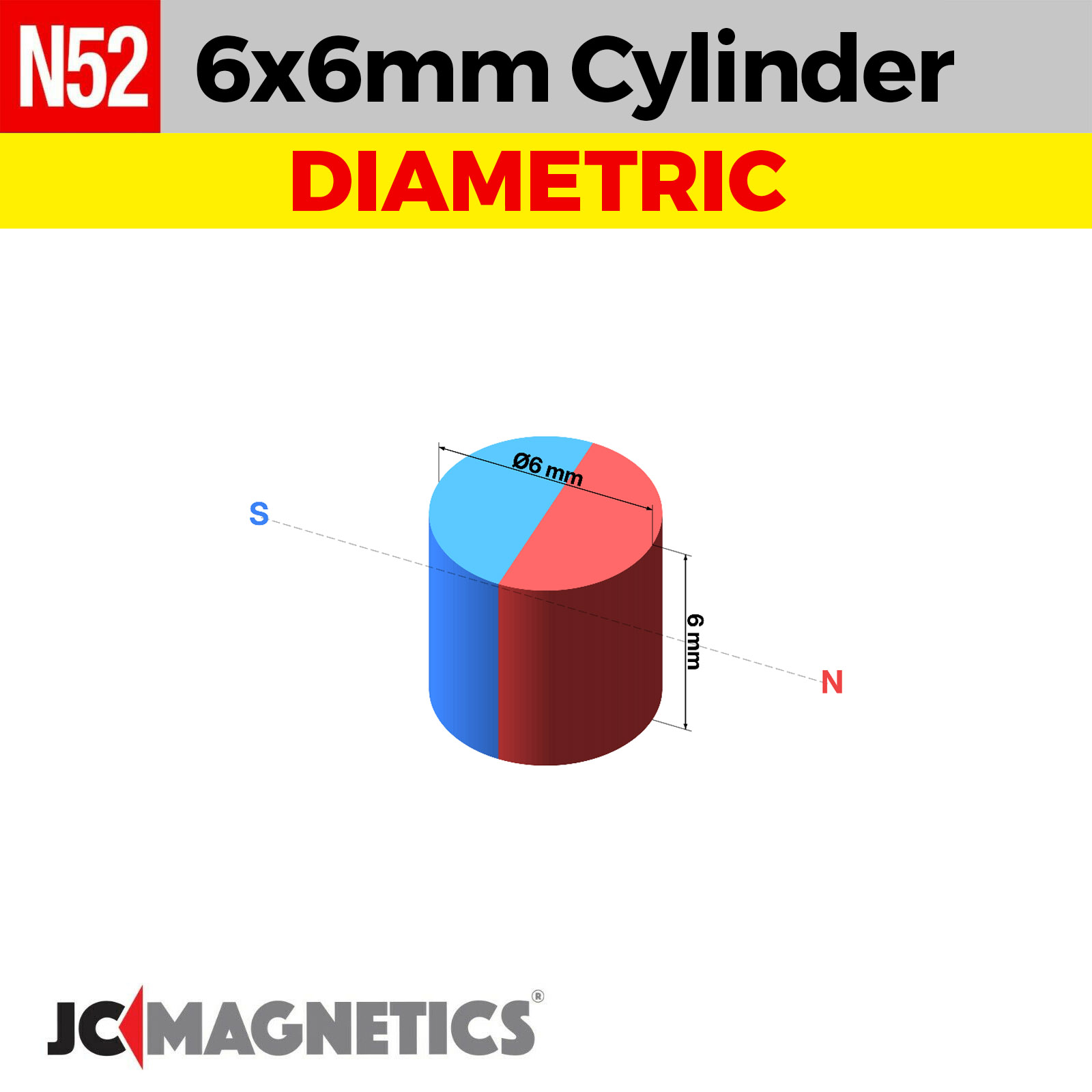 6mm x 6mm N52 Þverásegull Neodymium segull - 15/64" x 15/64" Rod 6x6mm - smámynd 2