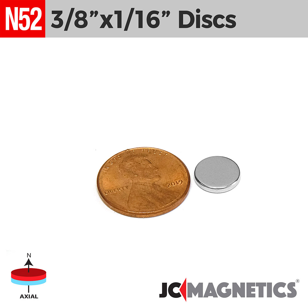 3/8in x 1/16in N52 diskur Neodymium segull - smámynd 2
