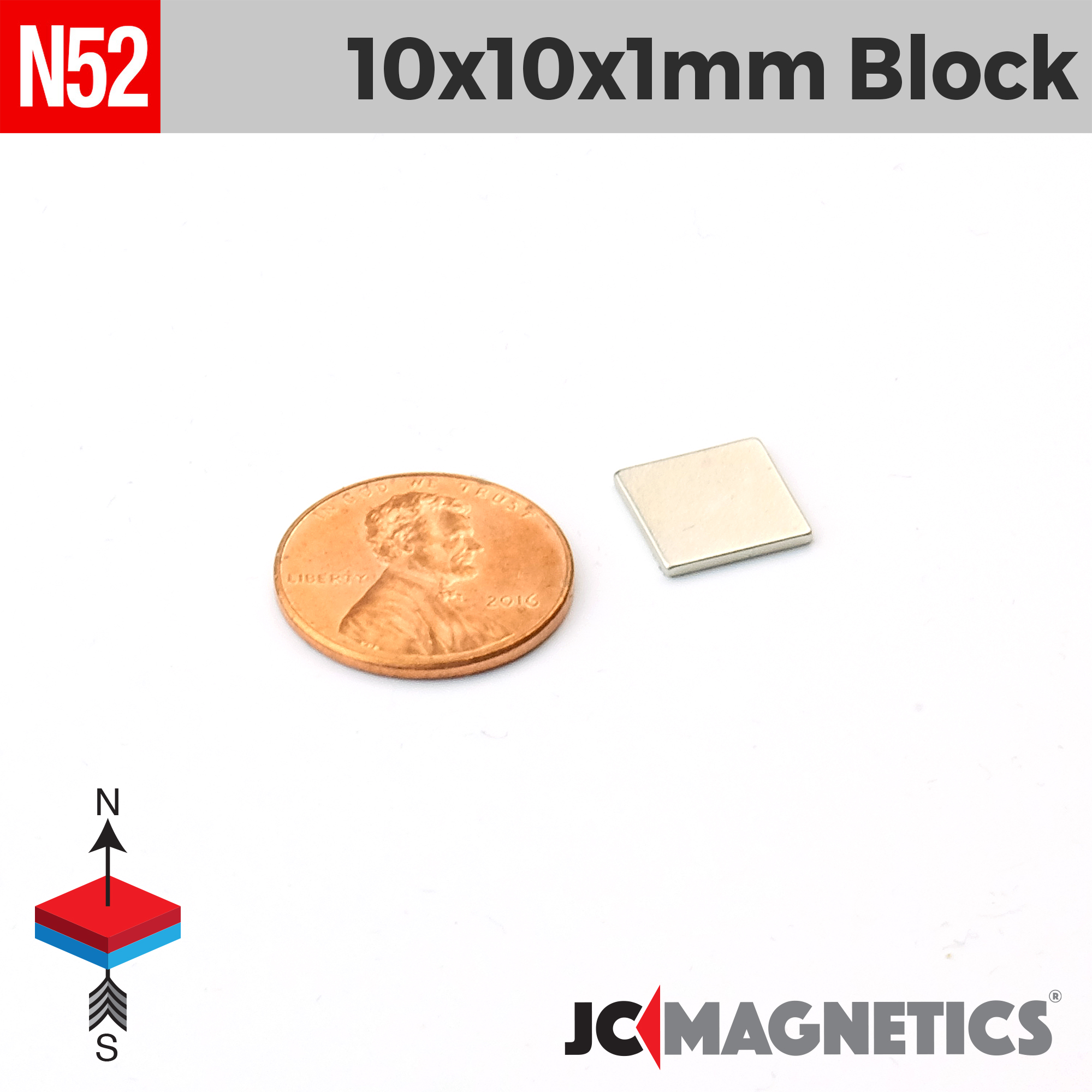10mm x 10mm x 1mm N52 Þunnt Fernt kubbur Neodymium segull 10x10x1mm - smámynd 2