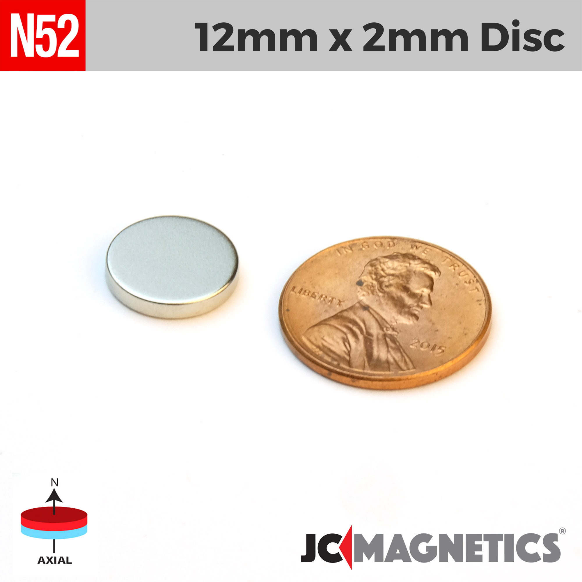 12mm x 2mm 15/32in x 5/64in N52 diskur Neodymium segull 12x2mm - smámynd 2