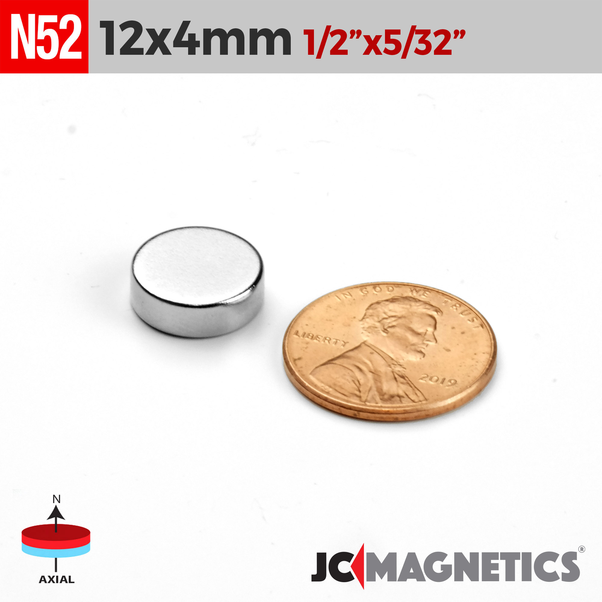 12mm x 4mm 1/2in x 5/32in N52 diskur Neodymium segull 12x4mm - smámynd 2