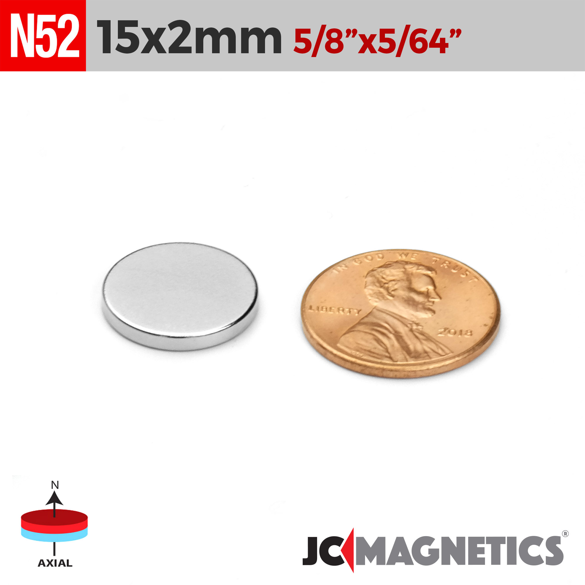 15mm x 2mm 19/32in x 5/64in N52 diskur Neodymium segull 15x2mm - smámynd 2