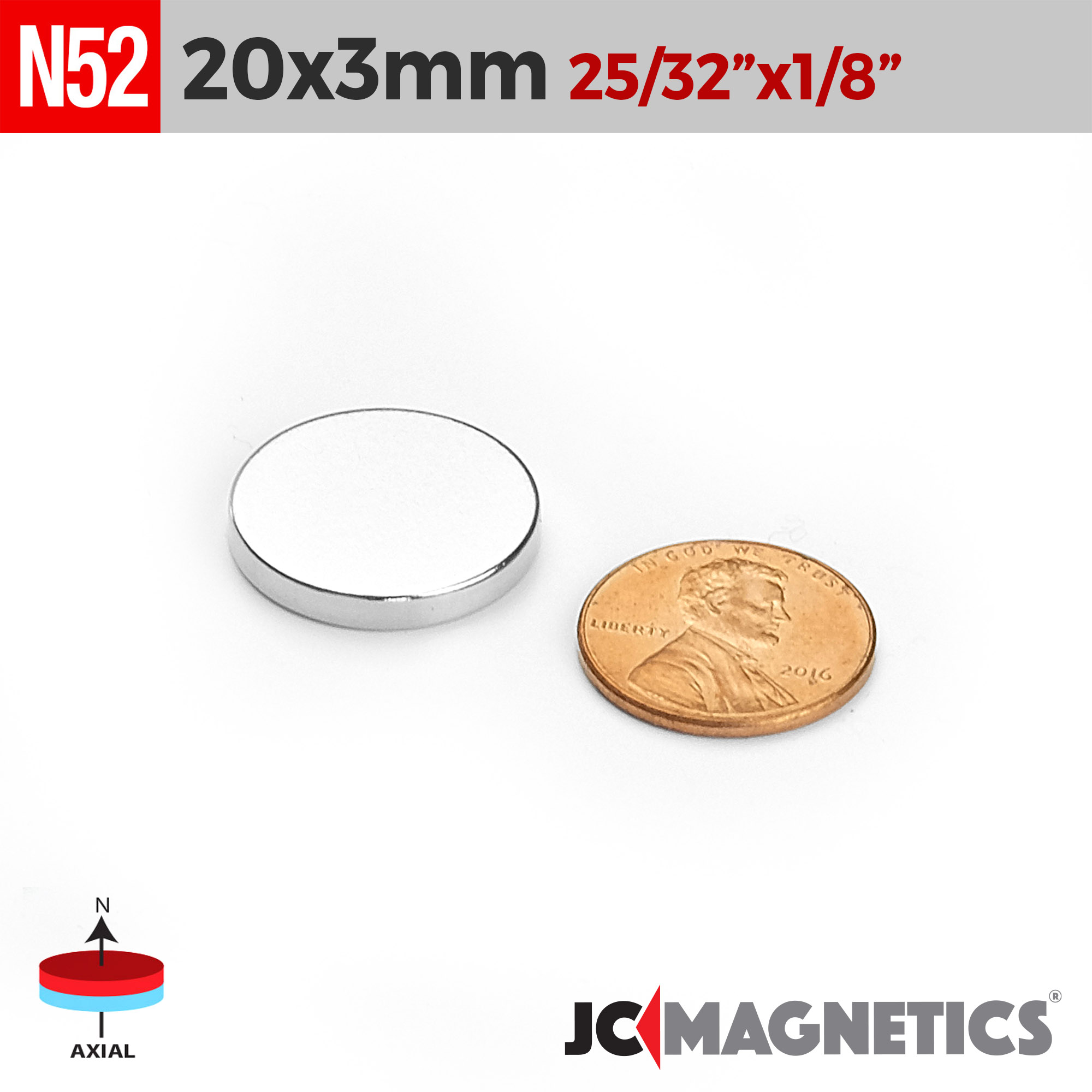 20mm x 3mm 25/32in x 1/8in N52 diskur Neodymium segull 20x3mm - smámynd 2