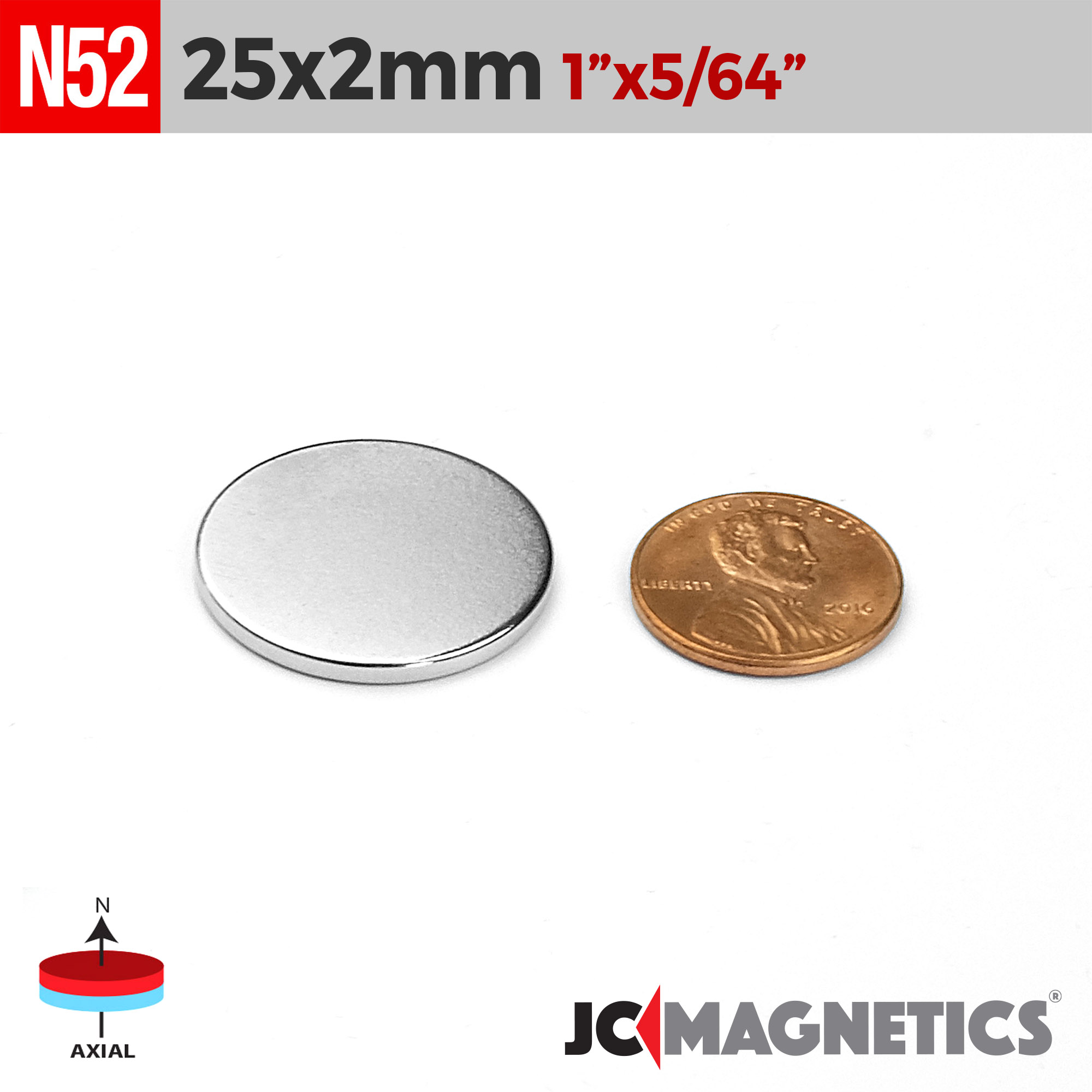 25mm x 2mm 63/64in x 5/64in N52 diskur Neodymium segull 25x2mm - smámynd 2