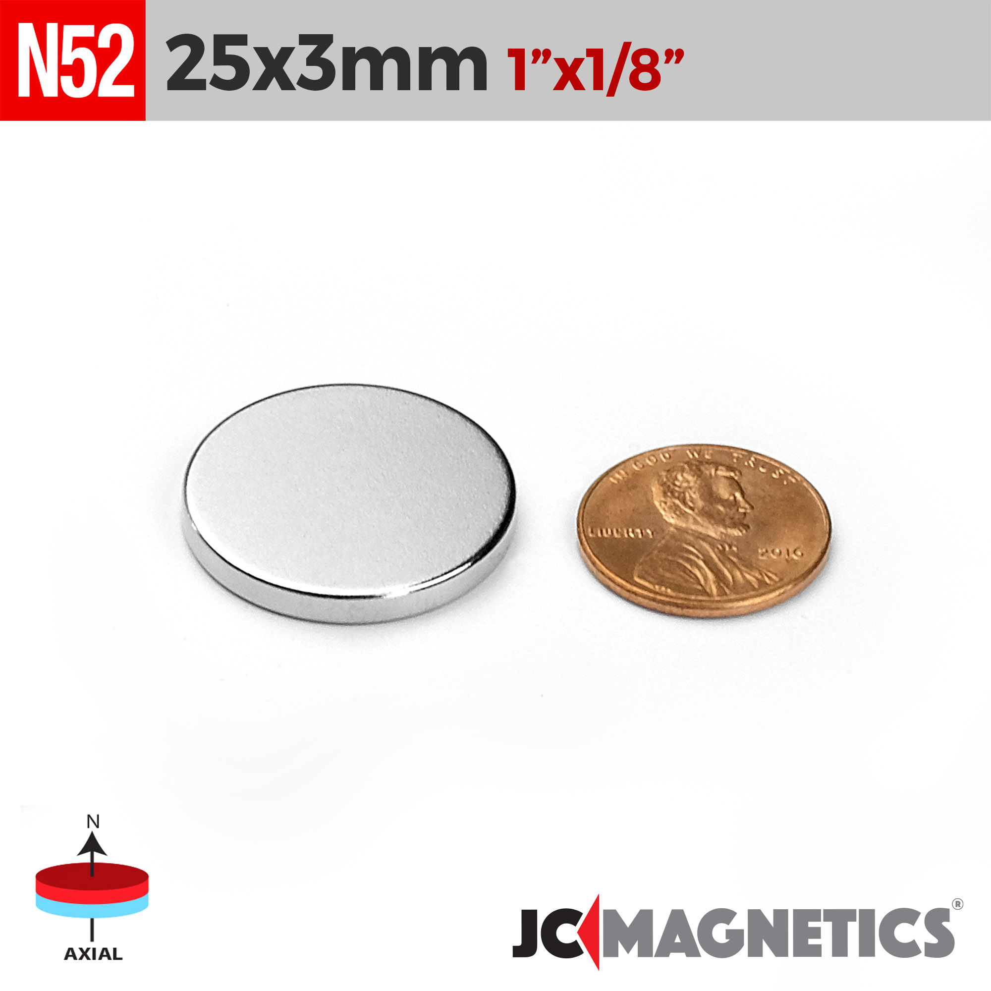 25mm x 3mm 63/64in x 1/8in N52 diskur Neodymium segull 25x3mm - smámynd 2