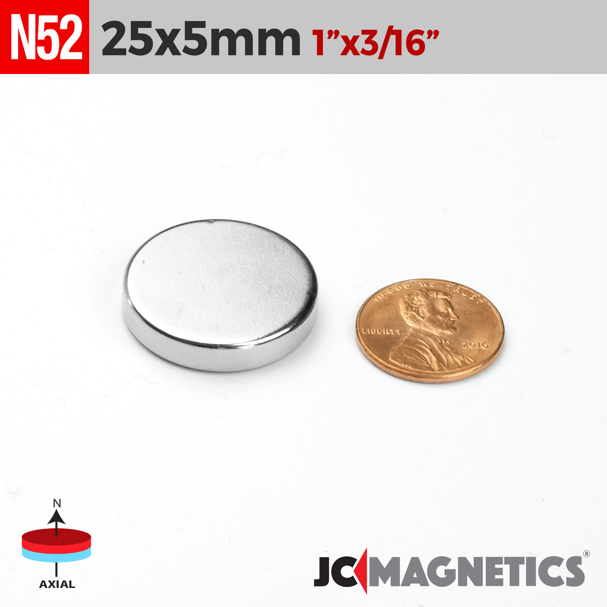 25mm x 5mm 63/64in x 13/64in N52 diskur Neodymium segull 25x5mm - smámynd 2