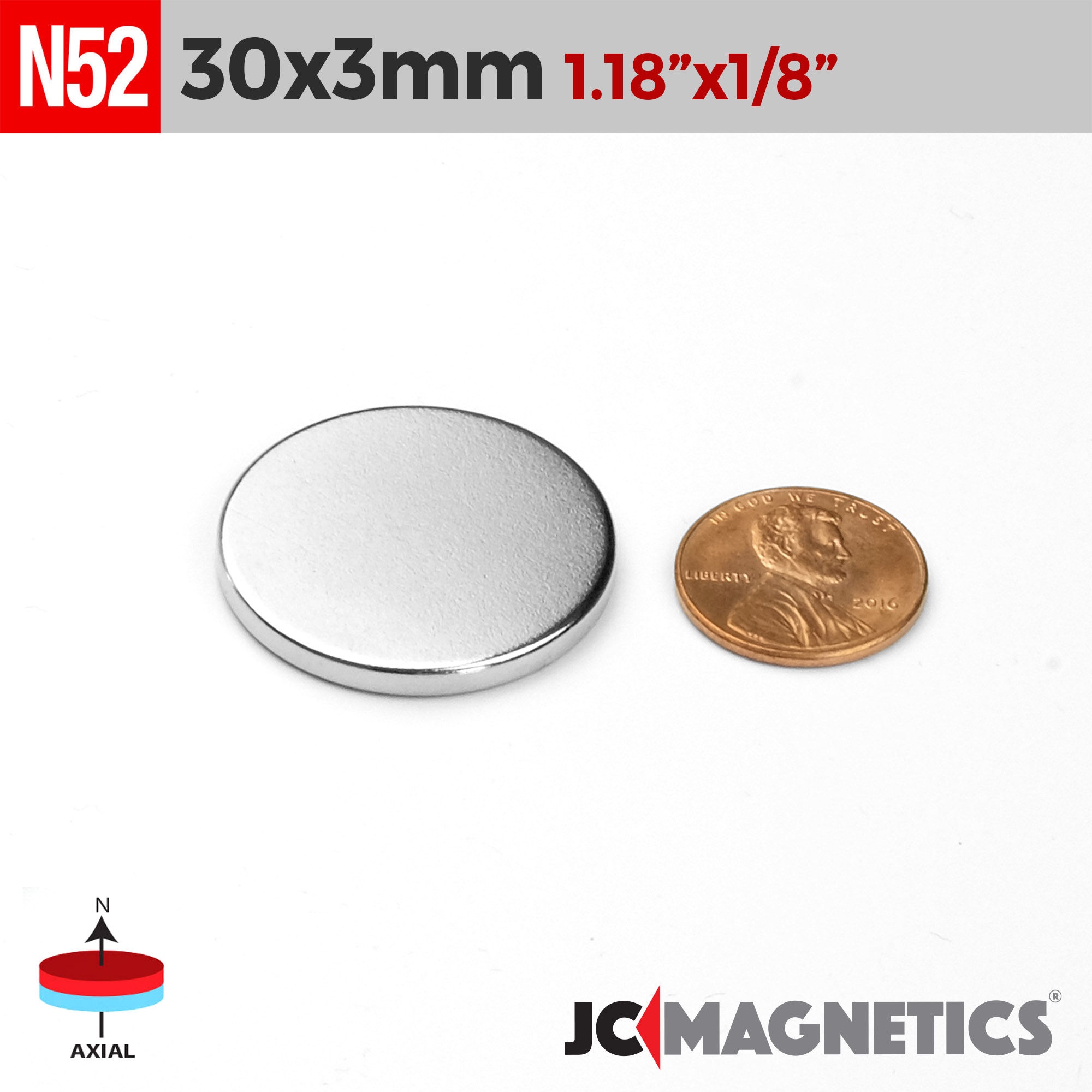 30mm x 3mm 1 3/16in x 1/8in N52 diskur Neodymium segull 30x3mm - smámynd 2