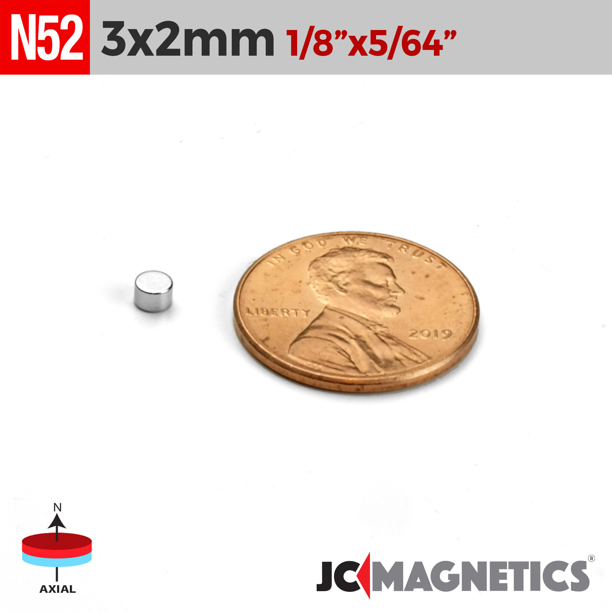3mm x 2mm 1/8in x 5/64in N52 diskur Neodymium segulls 3x2mm - smámynd 2