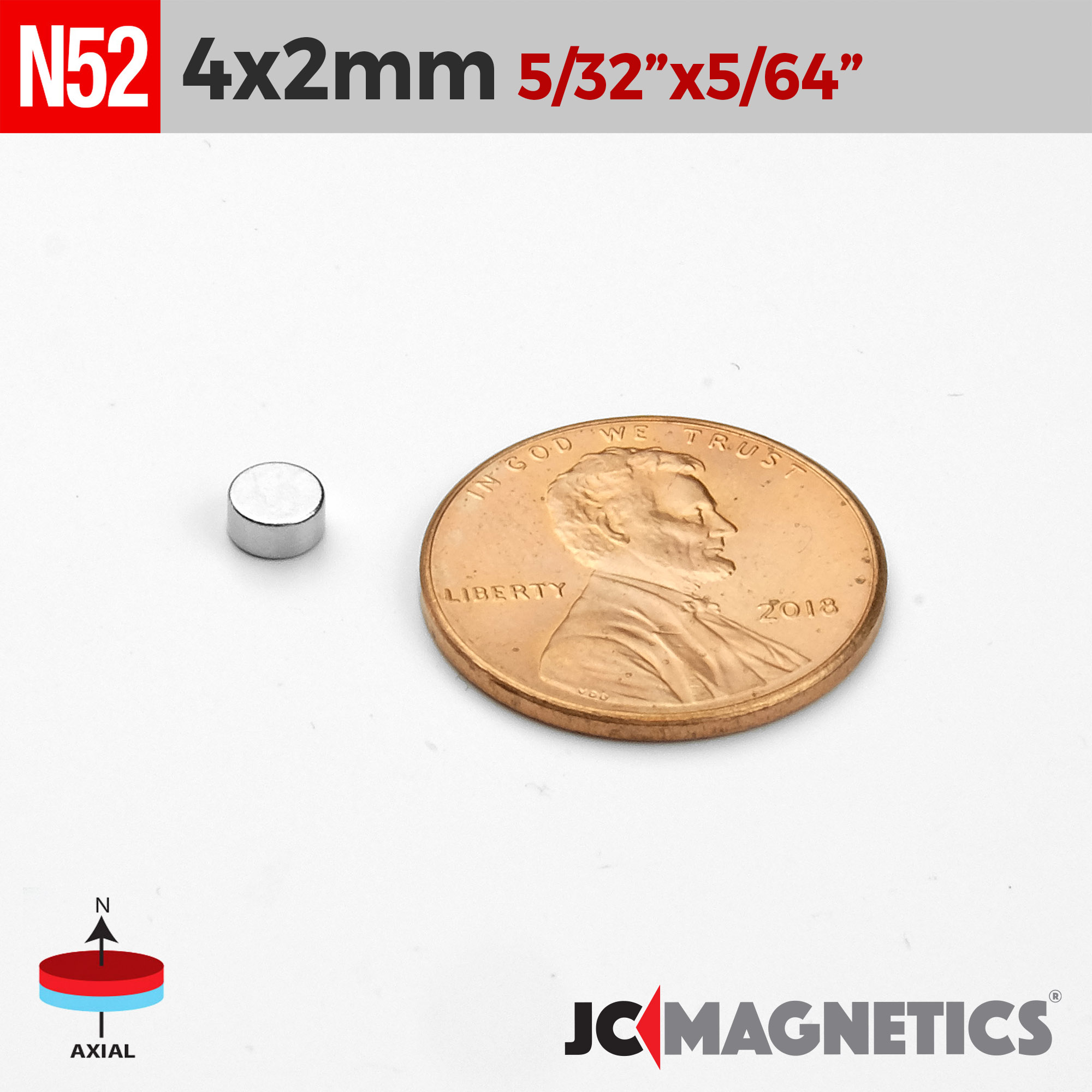4mm x 2mm 5/32" x 5/64" N52 Neodymium segull diskur 4x2mm - smámynd 2