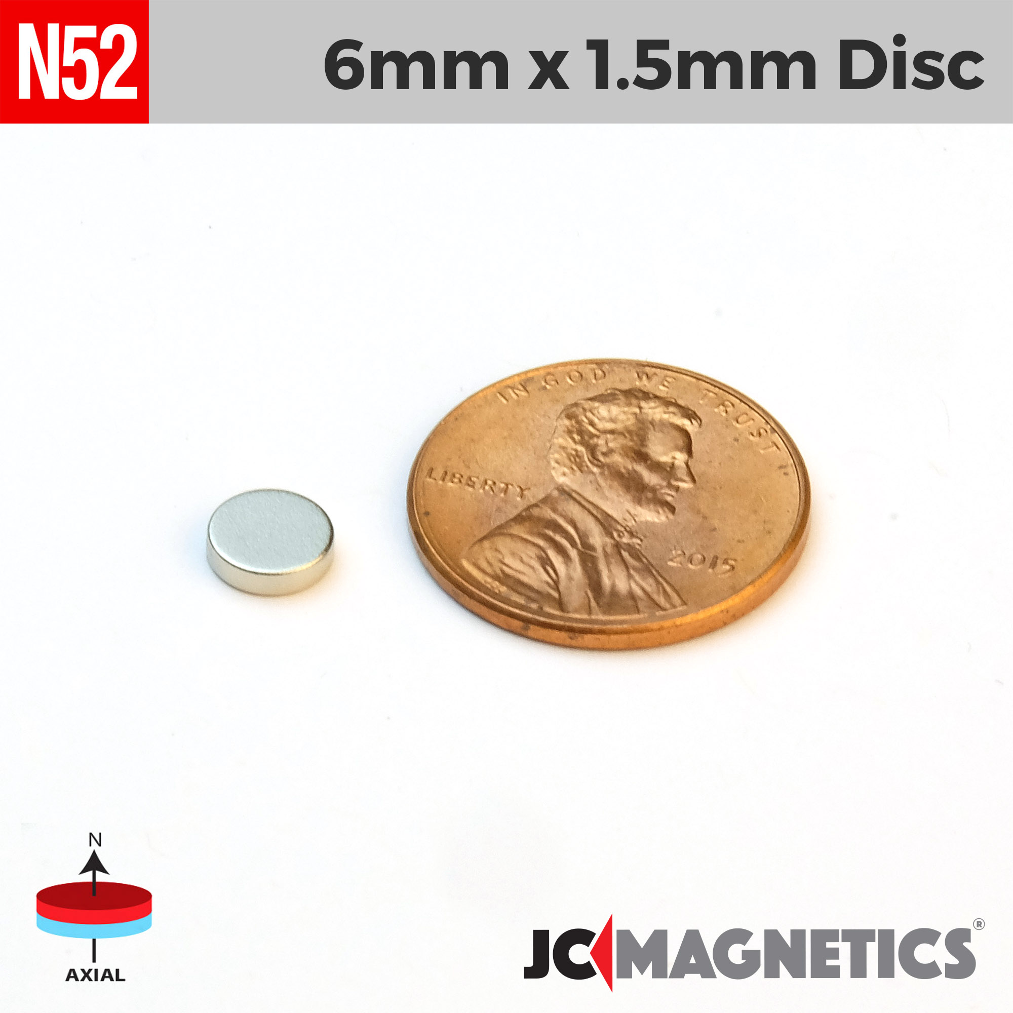 6mm x 1.5mm 15/64in x 1/16in N52 diskur Neodymium segull 6x1.5mm - smámynd 2