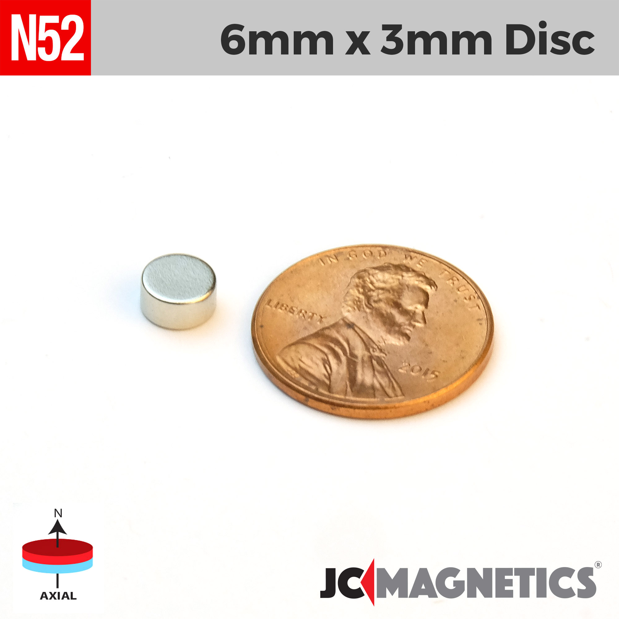 6mm x 3mm 15/64in x 1/8in N52 diskur Neodymium segull 6x3mm - smámynd 2