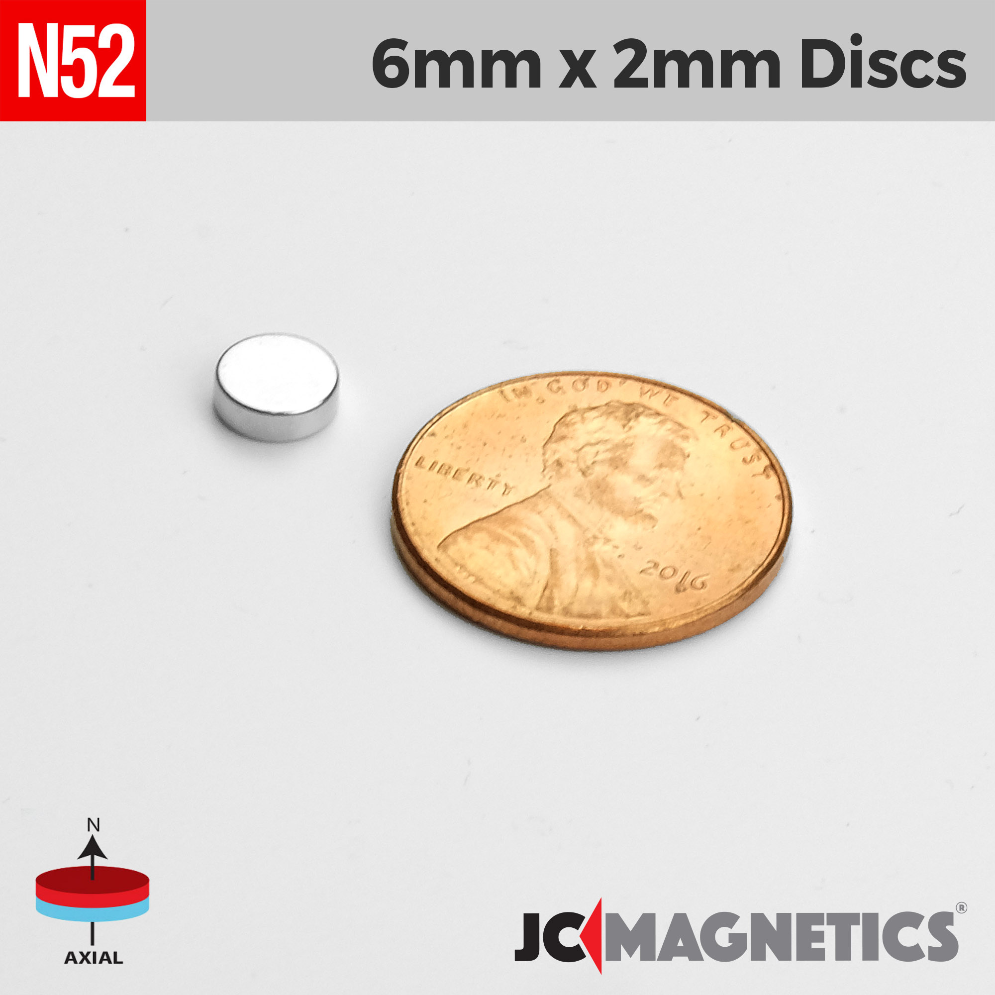 6mm x 2mm 15/64in x 5/64in N52 diskur Neodymium segull 6x2mm - smámynd 2