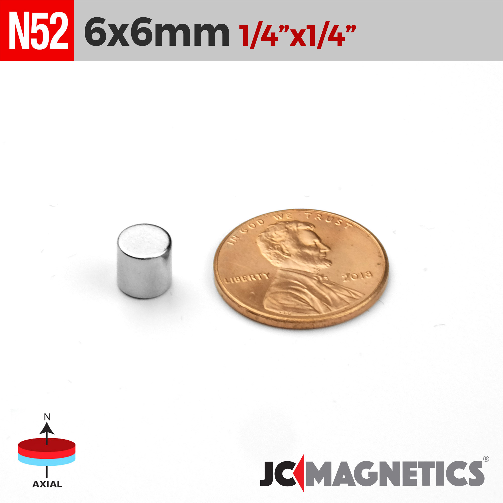 6mm x 6mm 15/64in x 15/64in N52 diskur sívalningur Neodymium segull 6x6mm - smámynd 2