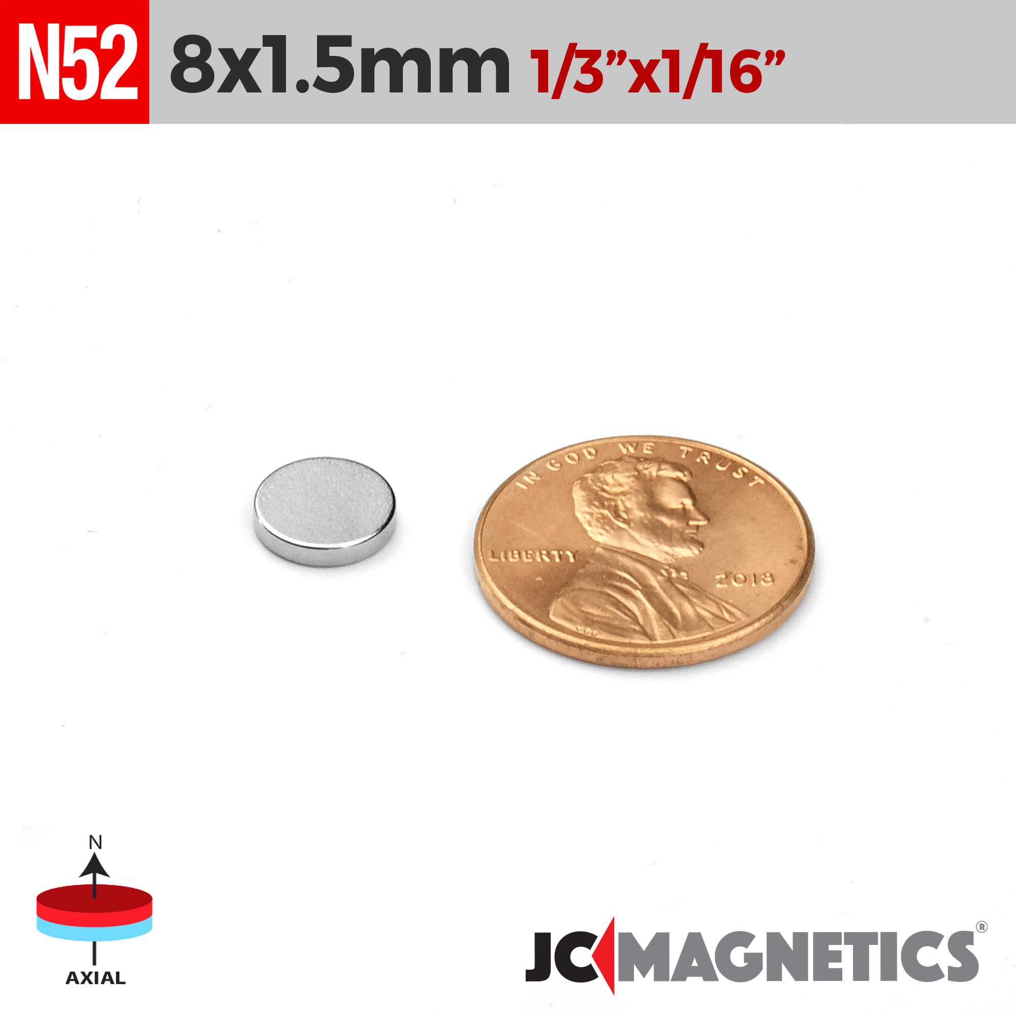 8mm x 1.5mm 5/16in x 1/16in N52 diskur Neodymium segull 8x1.5mm - smámynd 2