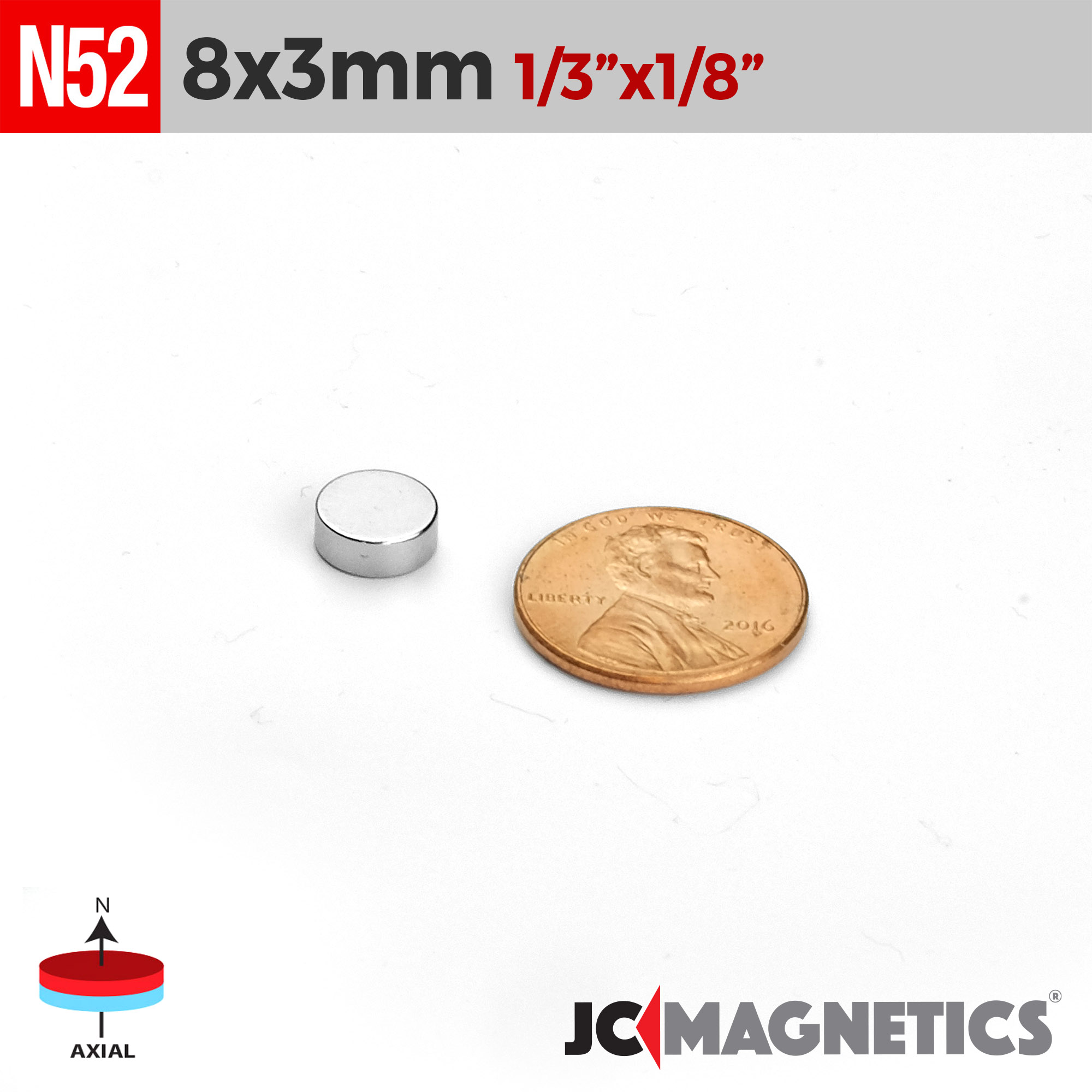 8mm x 3mm 5/16in x 1/8in N52 diskur Neodymium segull 8x3mm - smámynd 2
