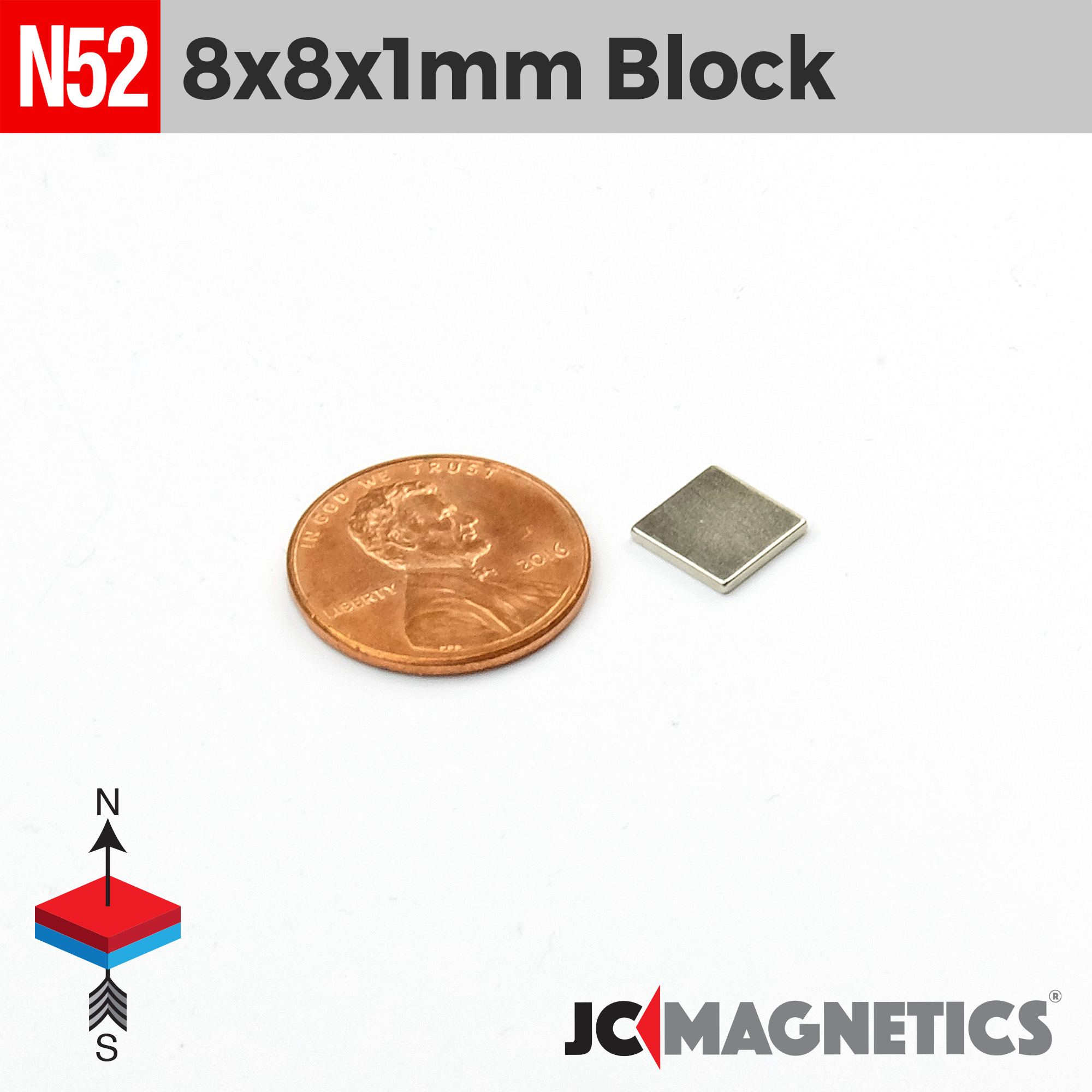 8mm x 8mm x 1mm N52 Þunnt Fernt kubbur Neodymium segull 8x8x1mm - smámynd 2