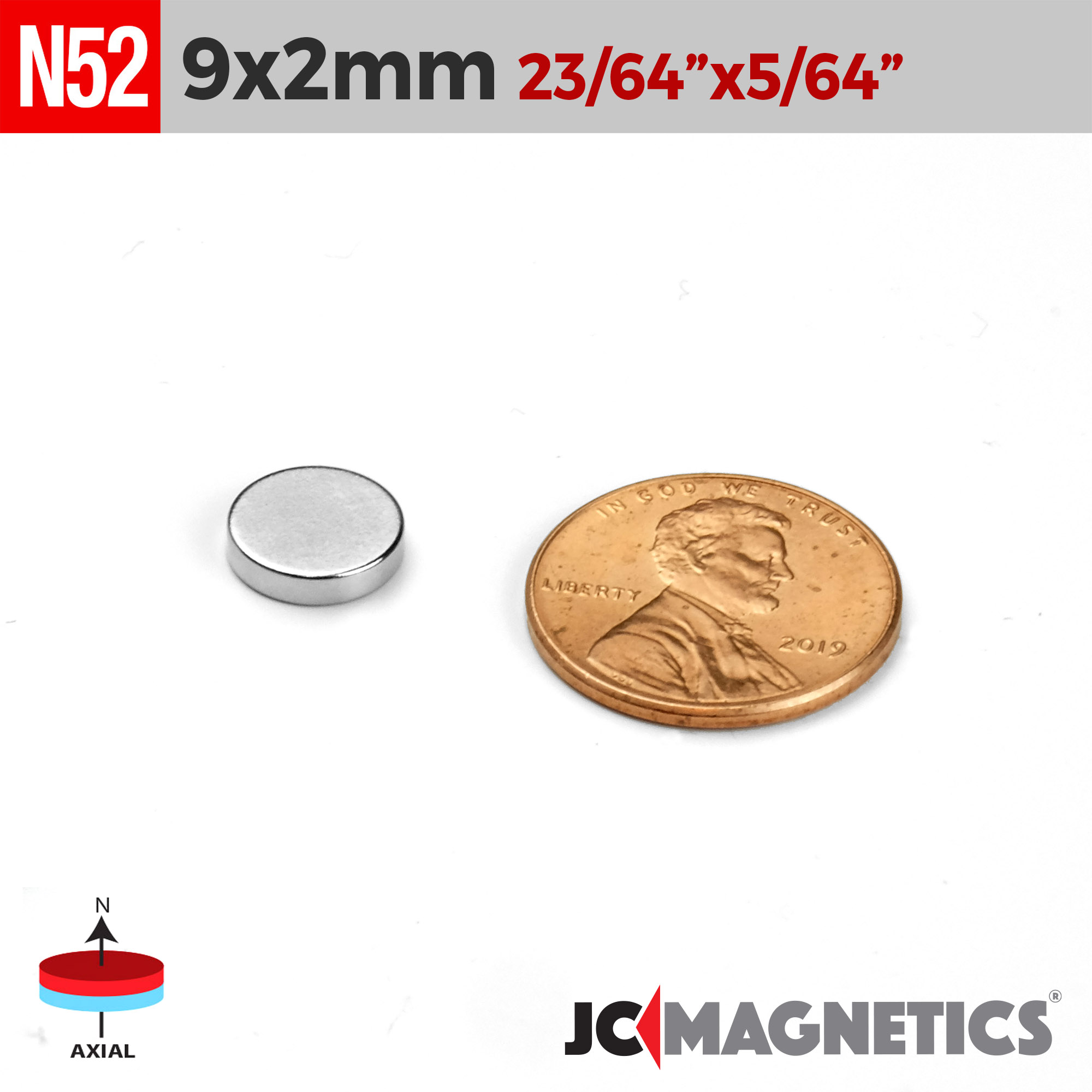 9mm x 2mm 23/64in x 5/64in N52 diskur Neodymium segull 9x2mm - smámynd 2