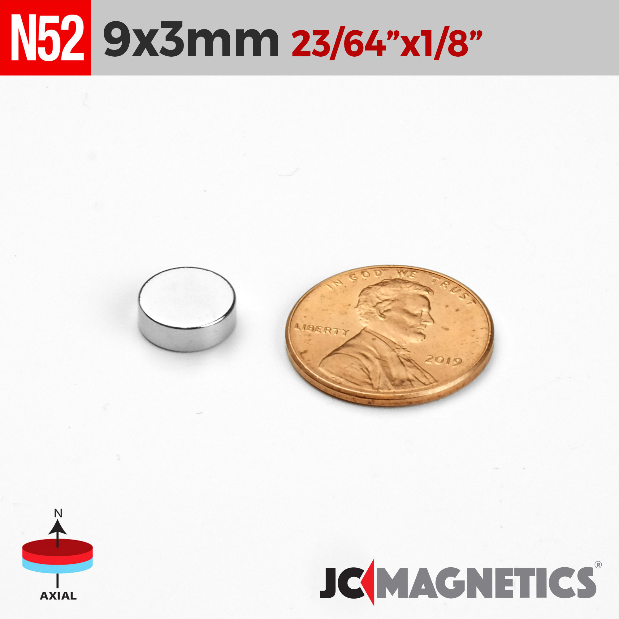 9mm x 3mm 23/64in x 1/8in N52 diskur Neodymium segull 9x3mm - smámynd 2